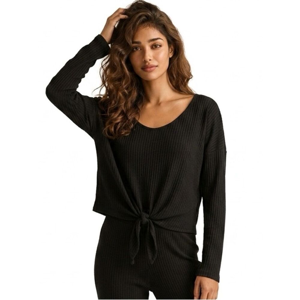 EXPRESS | Waffle Knit Black Long Sleeve Top Tie Front Scoopneck Women’s Large